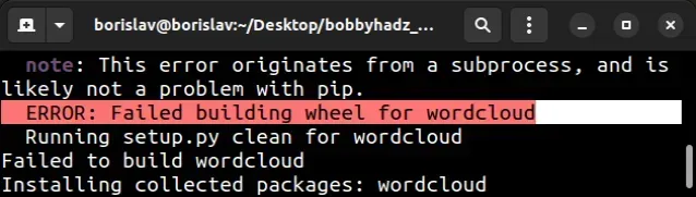 error failed building wheel for wordcloud