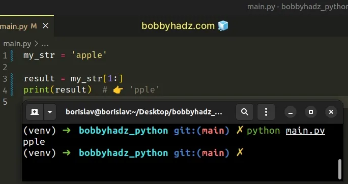 https://bobbyhadz.com/images/blog/python-remove-first-and-last-character-from-string/only-removing-first-character-from-string.webp