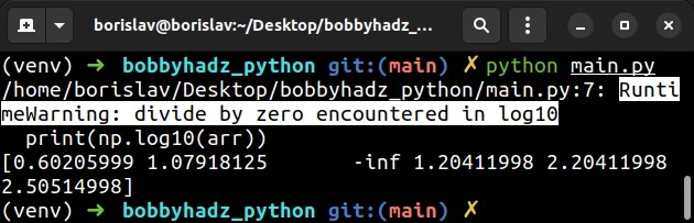 runtimewarning divide by zero encountered in log10