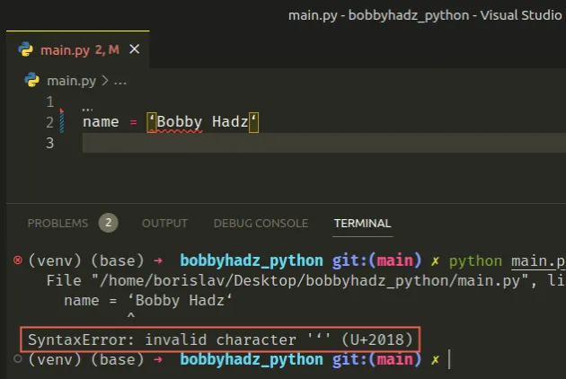 syntaxerror-invalid-character-in-python-solved-bobbyhadz