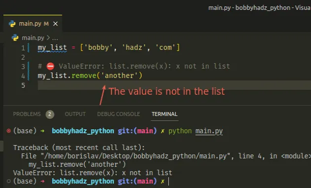 valueerror-list-remove-x-x-not-in-list-in-python-fixed-bobbyhadz