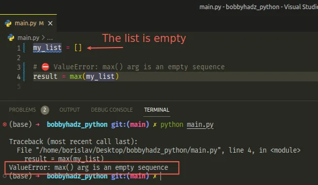 using max with an empty list