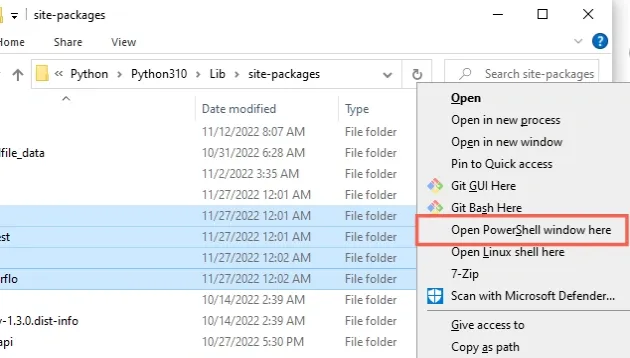 open powershell window in site packages folder