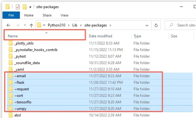 order site packages folder by name