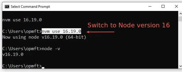 switch to node version 16 windows
