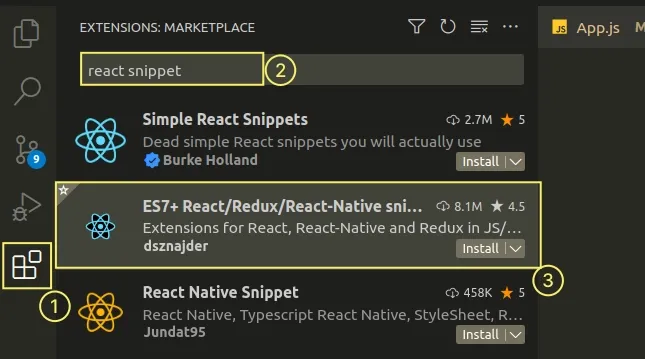 install react snippets extension