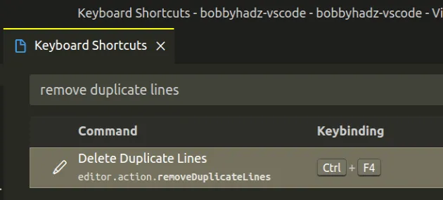 remove duplicate lines custom keyboard shortcut