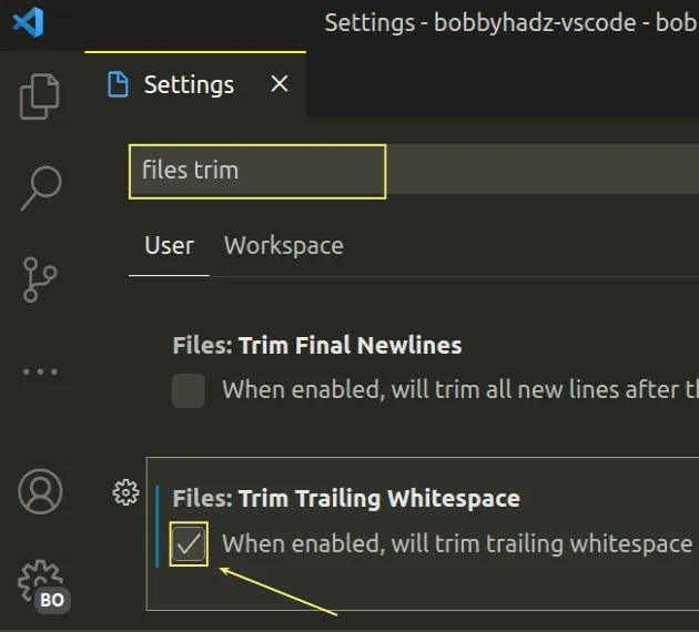 check trim trailing whitespace checkbox