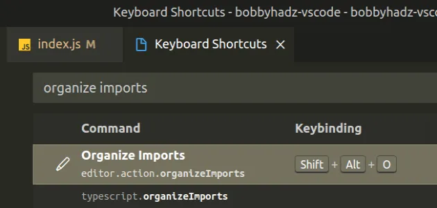 change keyboard shortcut of organize imports command