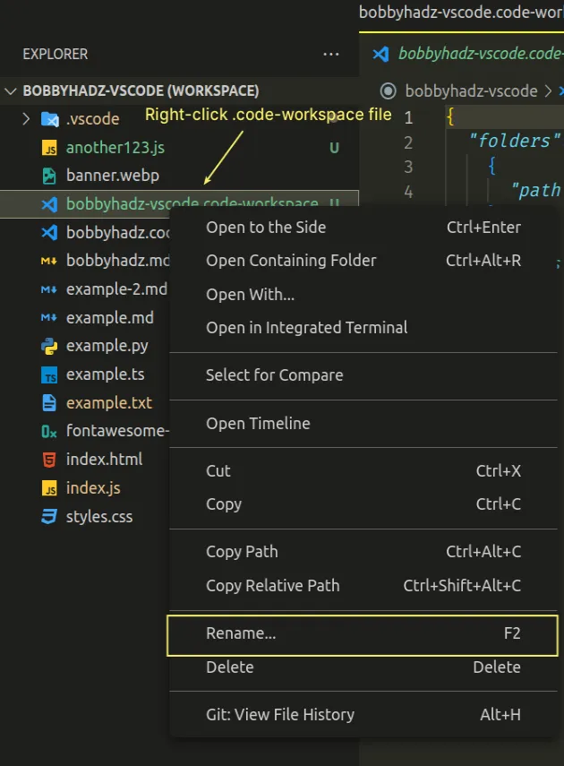 right click workspace file and rename