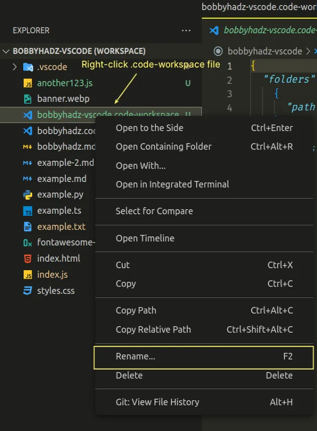 Rename a File, Folder or Workspace in Visual Studio Code | bobbyhadz