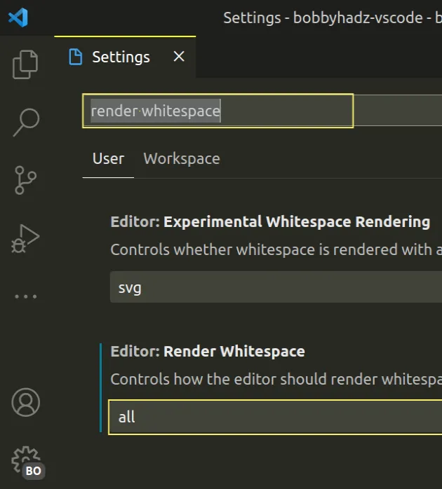 set render whitespace to all