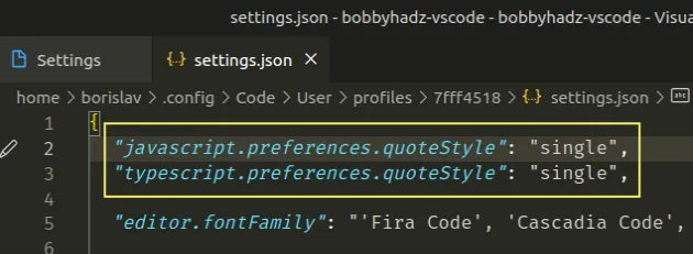 set preferred quote type in settings json
