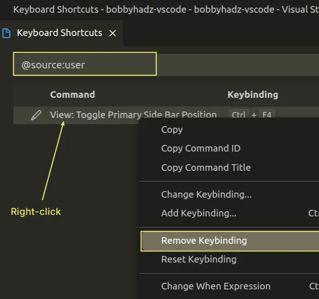 right click remove keybinding