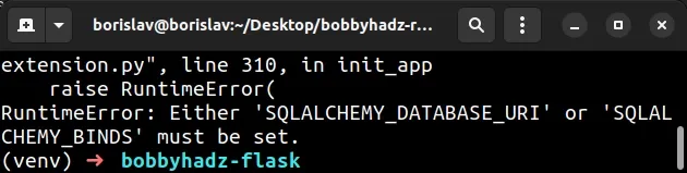 runtime error either sqlalchemy database uri or sqlalchemy binds must be set