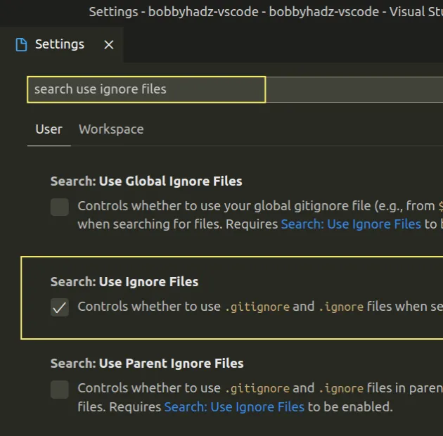 search use ignore files setting