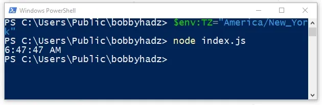 set timezone in node js on windows in powershell