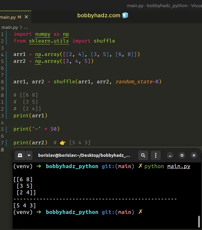 shuffle two numpy arrays using sklearn