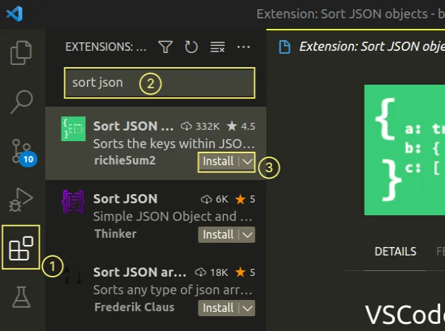install sort json objects extension