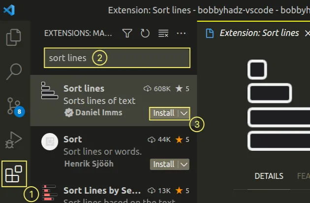 install sort lines extension