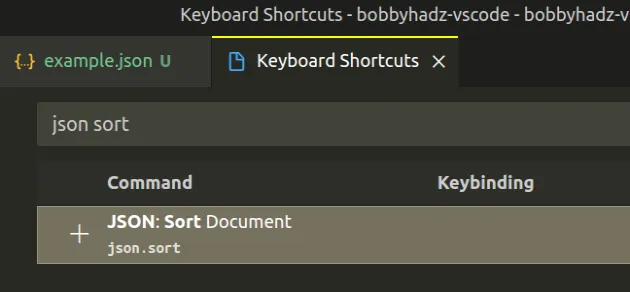 set keyboard shortcut for json sort