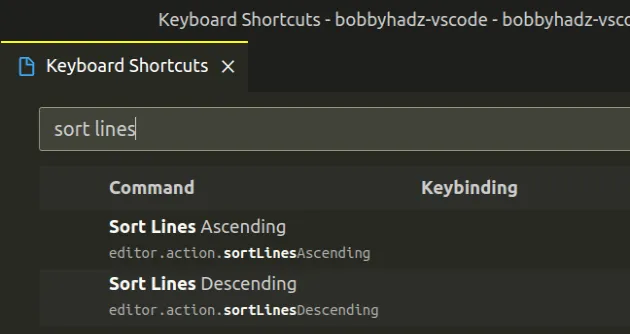 set keyboard shortcuts for sort lines actions