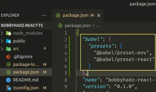 set babel react preset in package json