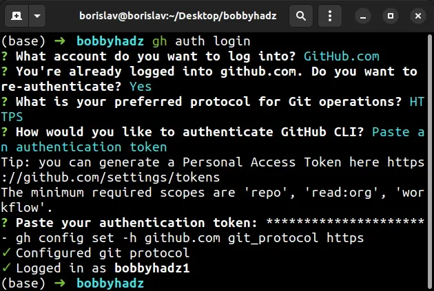 github cli set up authentication token login
