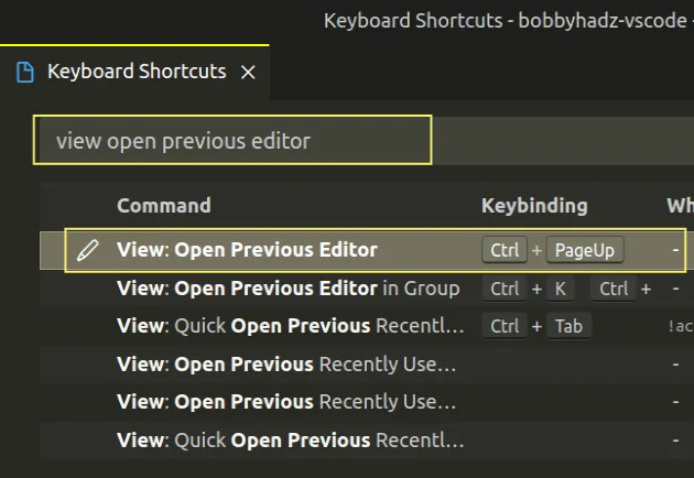 view open previous editor shortcut