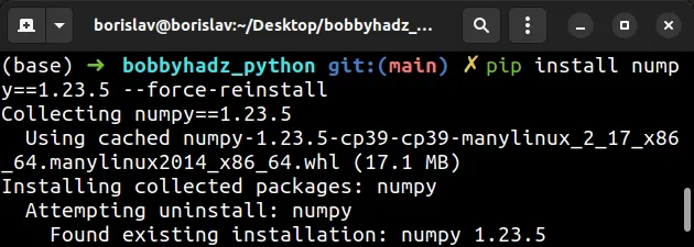 install numpy version 1 23 5 with force reinstall flag