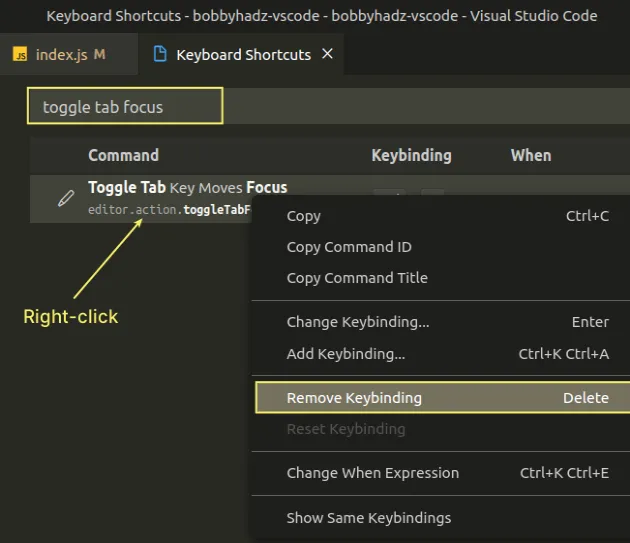 remove tab key moves focus keybinding