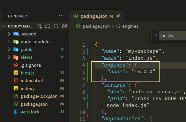 engines property set in package json