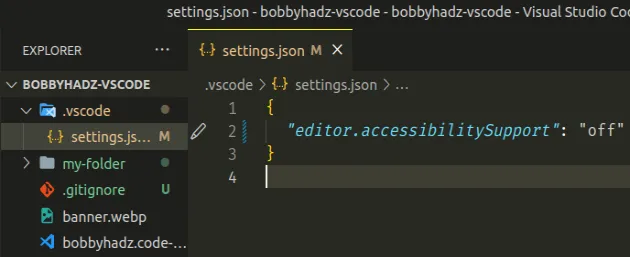 disable accessibility support in vscode settings json