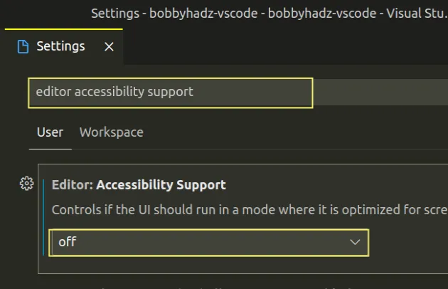 set editor accessibility support feature to off