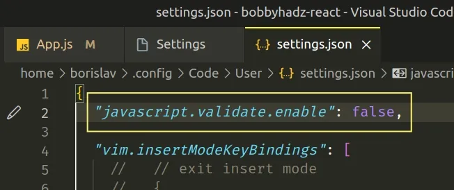disable javascript validation in settings json