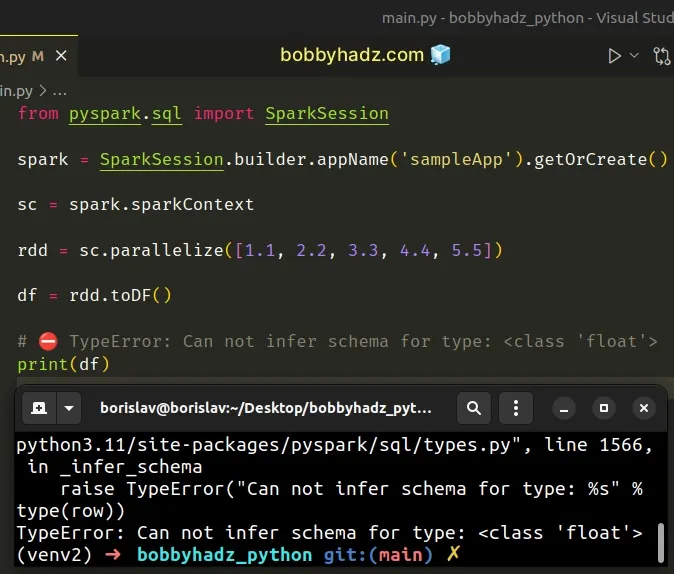 type error can not infer schema for type class float