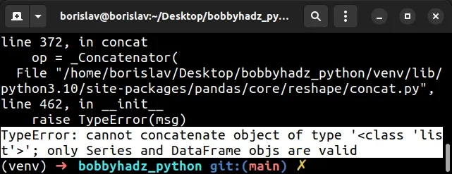 type error cannot conactenate object of type only series and dataframe