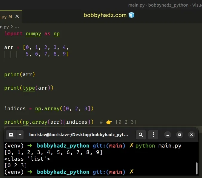 convert list to array right before using numpy array indexing