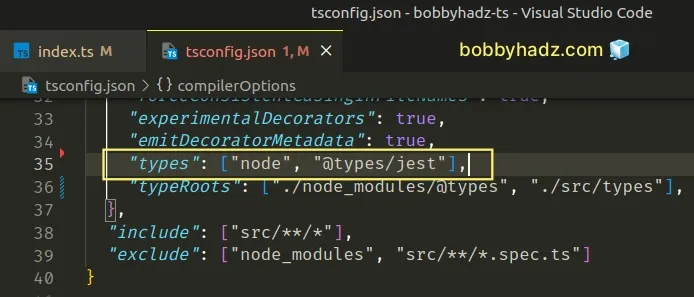 add node to types array in tsconfig json