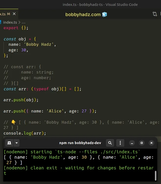 declare array of objects using typeof