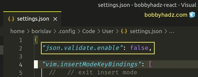 setting json validate enable to false in settings json