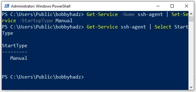 set start type of ssh agent to manual
