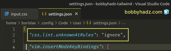 disable css lint unknown at rules in settings json