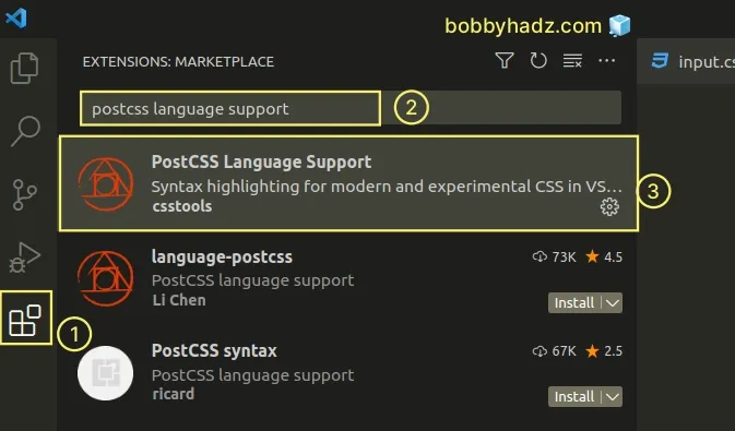 install postcss language support extension