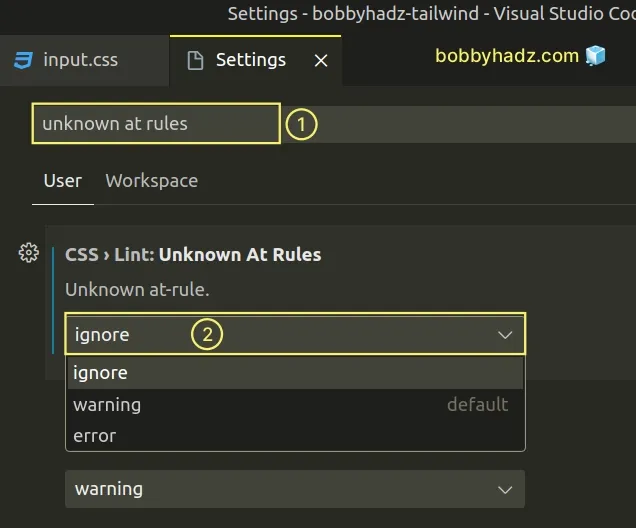 set css lint unknown at rules to ignore