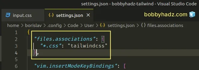 set files associations in settings json