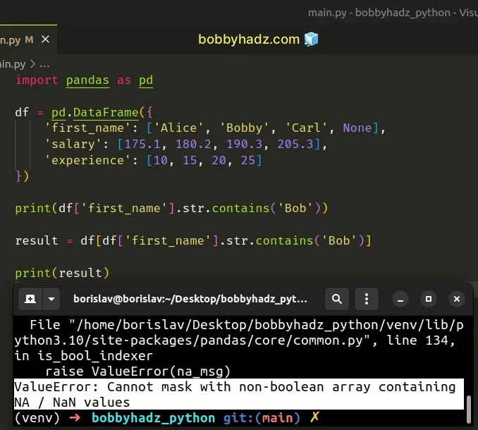 value error cannot mask with non boolean array containing na nan values