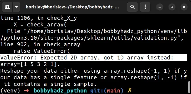 expected 2d array got 1d array instead