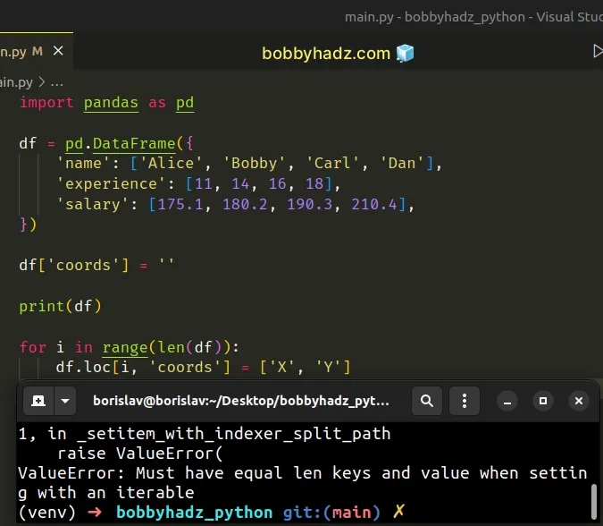 value error must have equal len keys and value when setting with iterable