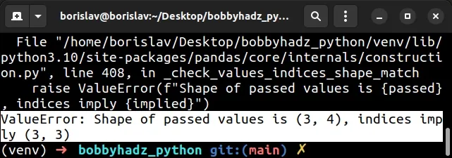 value error shape of passed values is indices imply